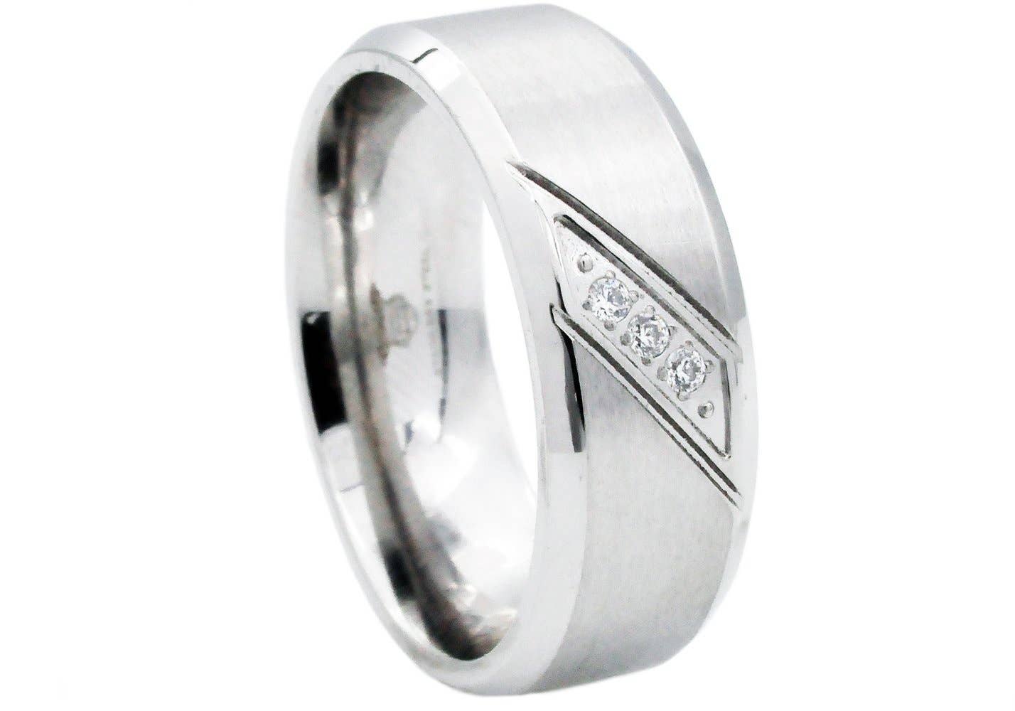 Men's Stainless Steel Band Ring With Cubic Zirconia