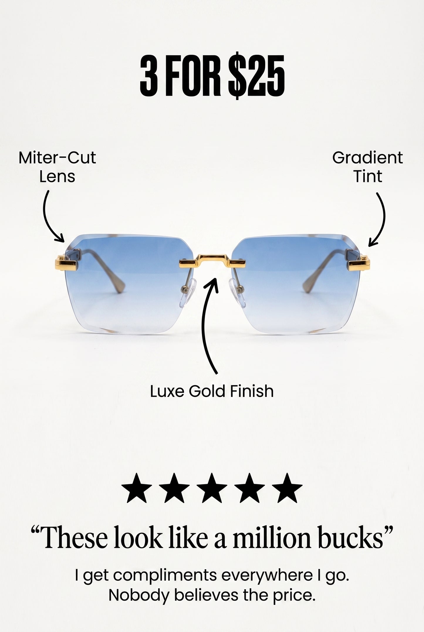 Luxury Rimless Miter-Cut Gradient Lens Sunglasses