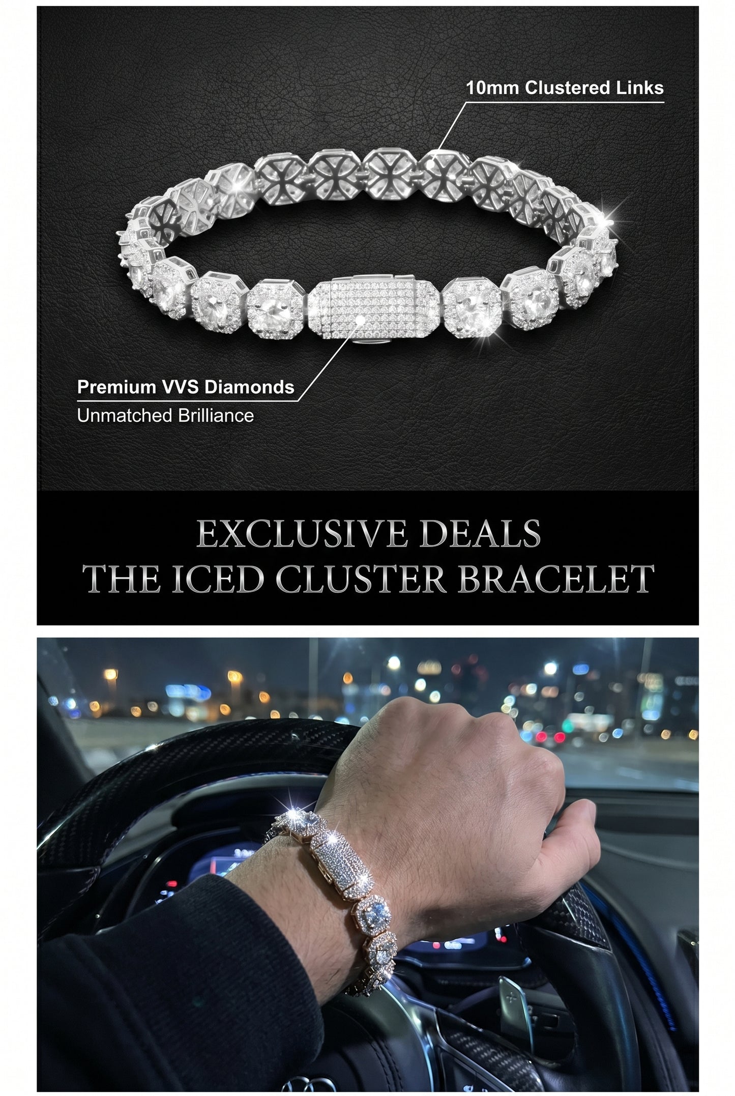 10mm Silver Diamond Clustered Tennis Chain Bracelet