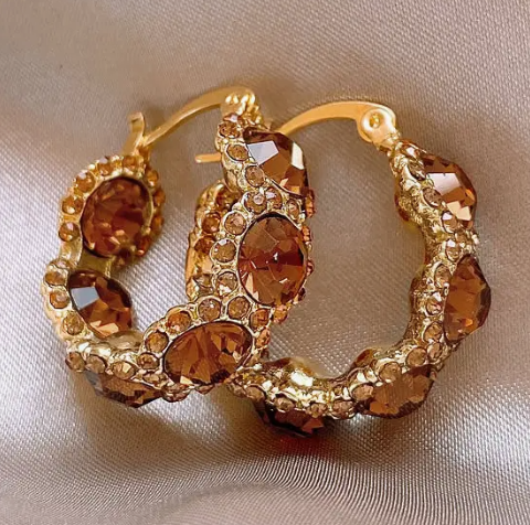 Coffee Crystal Circle Elegant Hoop Earrings