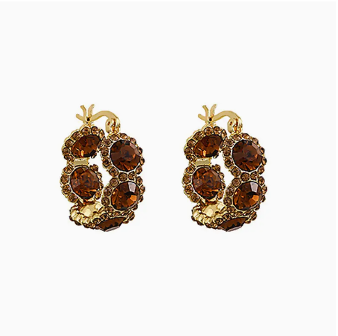 Coffee Crystal Circle Elegant Hoop Earrings