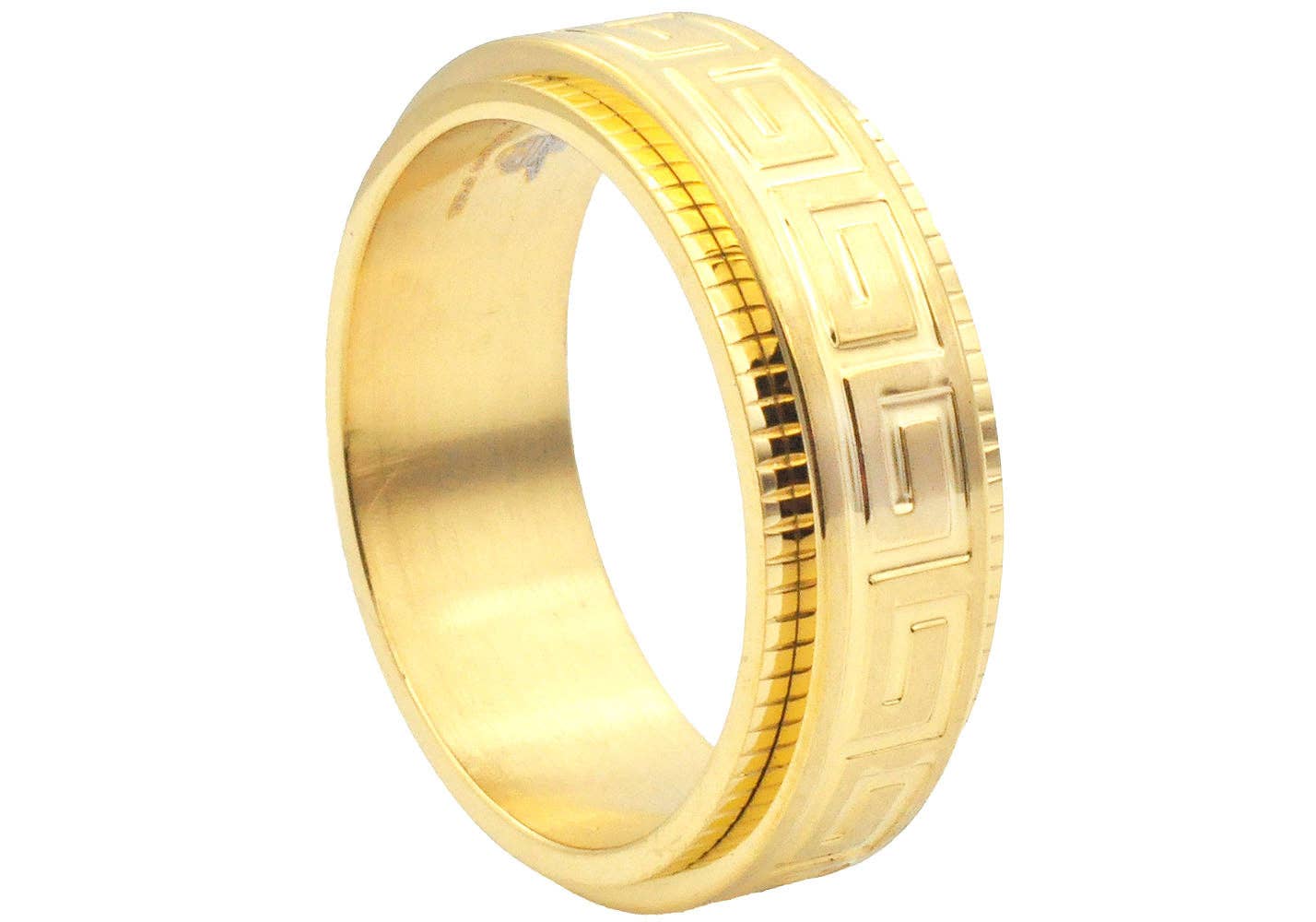 Men's 8mm Gold Stainless Steel Etched Greek Key Spinner Band Ring